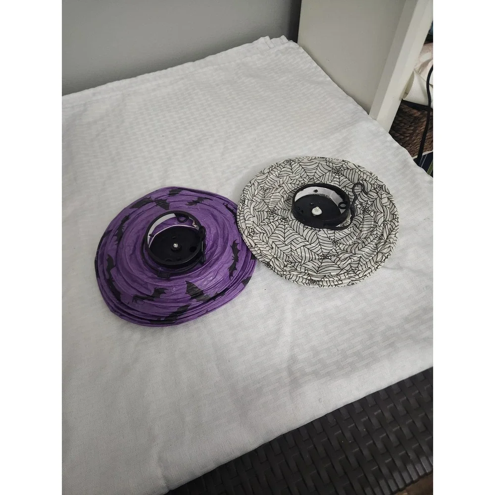 Halloween Paper Lanterns Set of 2 Purple Bat White Spiderweb LED Hanging Decor